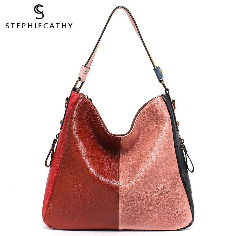 SC Vintage women Leather Hobo Random Color Patchwork Ladies Italian Leather Shoulder HandBag Retro Bucket Female Messenger Purse - Gustobene