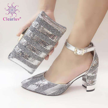 Sliver shining crystal Italian shoes with matching bag lady matching shoe and bag Sets Italy African shoes and bag set for party