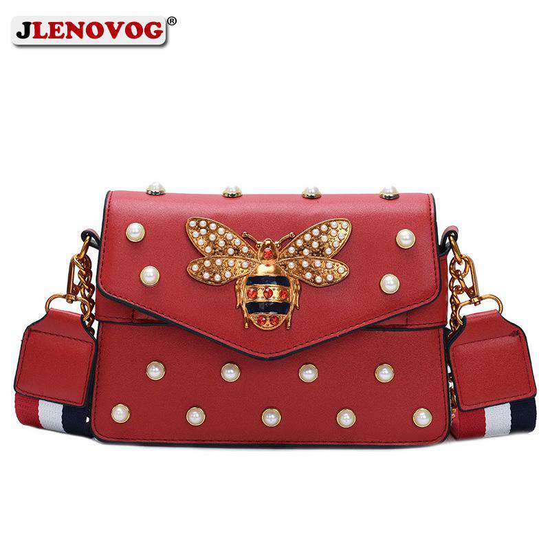 Women's Pearl Bee Leather Handbags Crossbody Bags for Women 2020 Italian Style Luxury Chain Clutch Designer Female Shoulder Bag - Gustobene