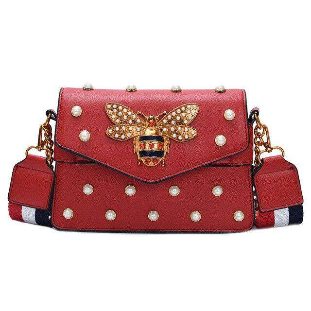 Women's Pearl Bee Leather Handbags Crossbody Bags for Women 2020 Italian Style Luxury Chain Clutch Designer Female Shoulder Bag - Gustobene