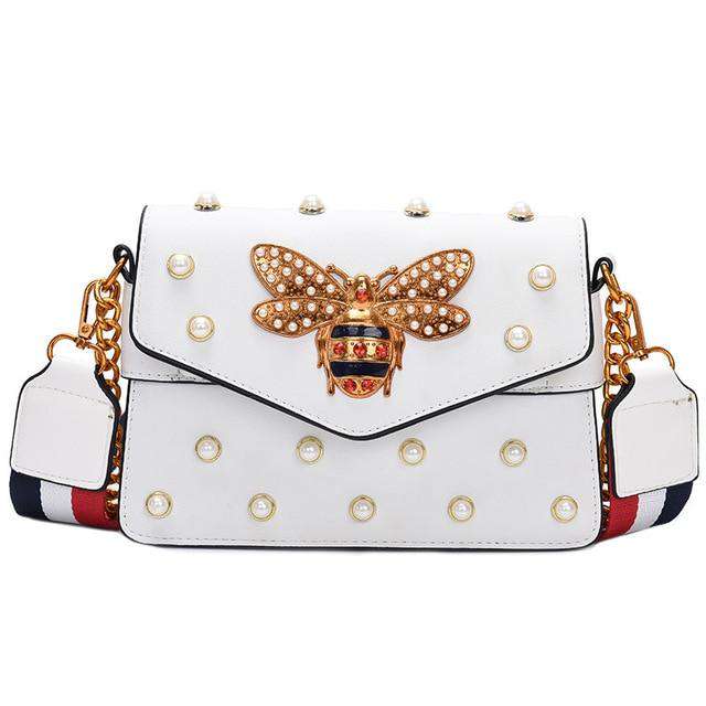 Women's Pearl Bee Leather Handbags Crossbody Bags for Women 2020 Italian Style Luxury Chain Clutch Designer Female Shoulder Bag - Gustobene