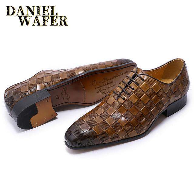 LUXURY ITALIAN LEATHER SHOES MEN NEW FASHION PLAID PRINTS LACE UP BLACK BROWN WEDDING OFFICE SHOES FORMAL OXFORD SHOES FOR MEN