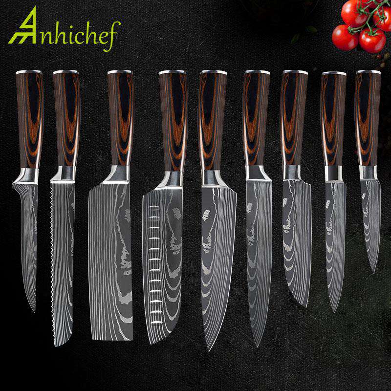 Kitchen knives Set Professional Chef Knives Japanese 7CR17 440C High Carbon Stainless Steel Imitation Damascus Pattern Knife Set
