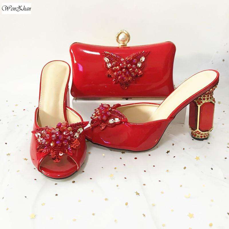Wedding Red Italian High Heel Shoes And Bag Party Sets With Crystal Heels Luxurious Handbags Match Bags set 37-42 A911-29