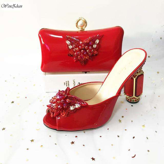 Wedding Red Italian High Heel Shoes And Bag Party Sets With Crystal Heels Luxurious Handbags Match Bags set 37-42 A911-29