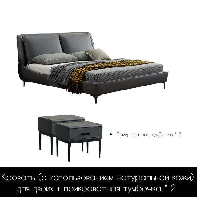 Tall bed Italian minimalist light luxury leather bed double 2 meters 2.2 large bed full leather gray bed modern minimalist - Gustobene