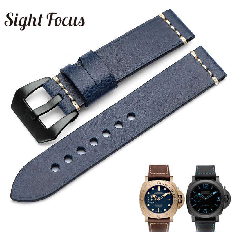 20mm 22mm 24mm 26mm Italian Calfskin Watchbands for Panerai Navy Blue Leather Strap Men's Watch Belts Sewn-in Tang Buckle Bands - Gustobene