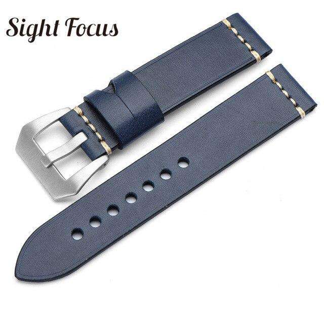 20mm 22mm 24mm 26mm Italian Calfskin Watchbands for Panerai Navy Blue Leather Strap Men's Watch Belts Sewn-in Tang Buckle Bands - Gustobene