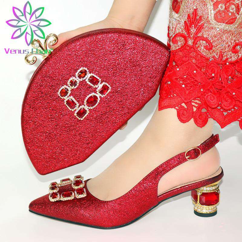 red Italian Ladies Shoe and Bag Set Decorated with Rhinestone Afircan Women Shoe and Bag To Match for Party