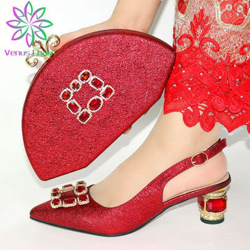 red Italian Ladies Shoe and Bag Set Decorated with Rhinestone Afircan Women Shoe and Bag To Match for Party