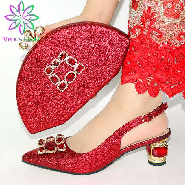 red Italian Ladies Shoe and Bag Set Decorated with Rhinestone Afircan Women Shoe and Bag To Match for Party
