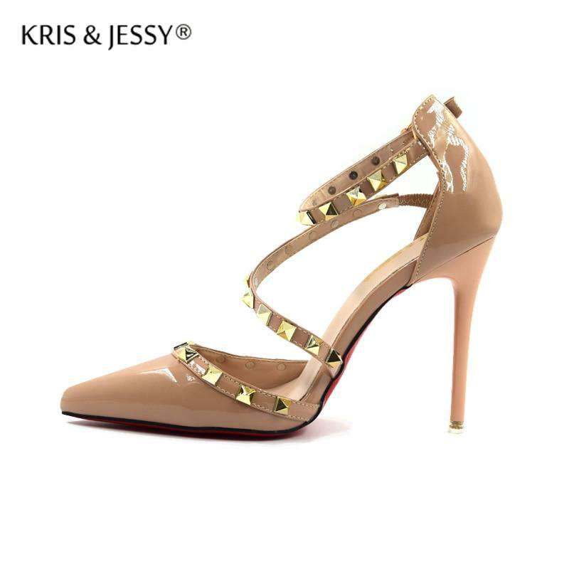 Runway Scarpin Nude High Heels Pointed Toe Rivet Pumps Fashion Brand Women Shoes 2017 Italian Ankle Strap Size 34-39 Stud