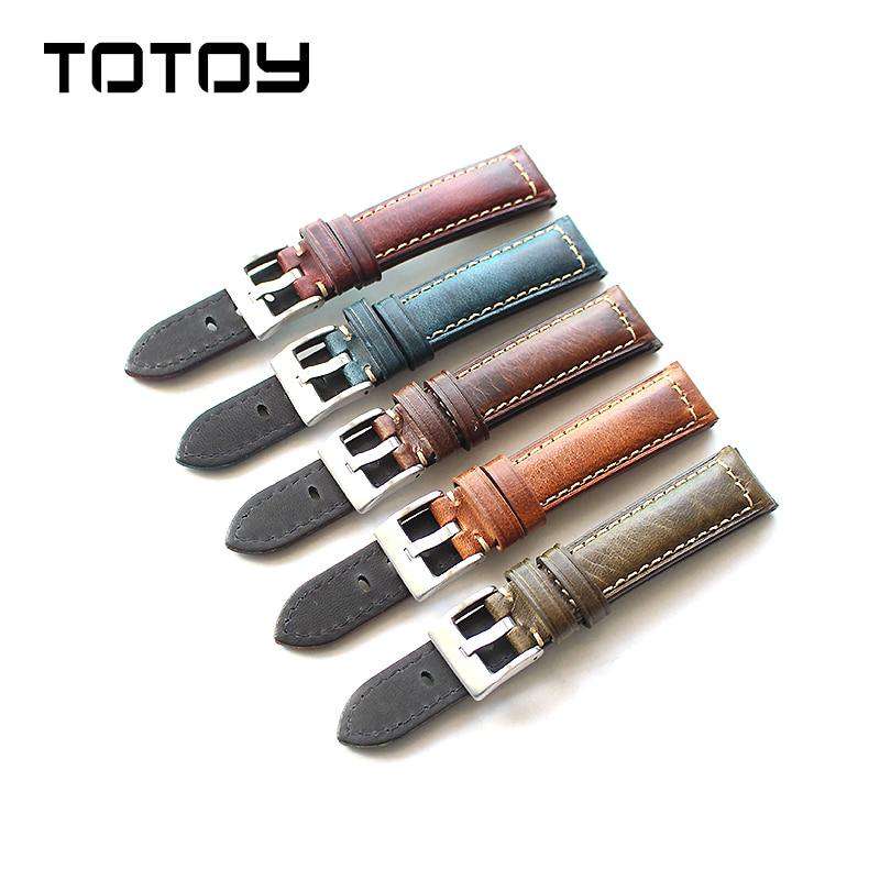 TOTOY Handmade Italian Leather Watchbands, 18MM 20MM 22MM Retro Oily Gloss Watch Strap, Blue Green Red Brown  Men Leather Strap