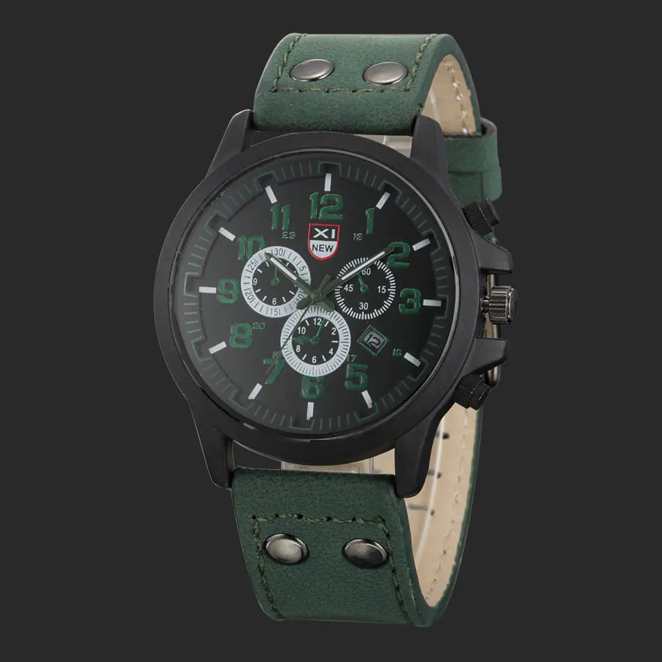 Men's Quartz Watch with Leather Band and Calendar
