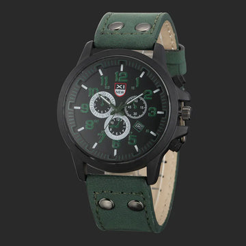 Men's Quartz Watch with Leather Band and Calendar