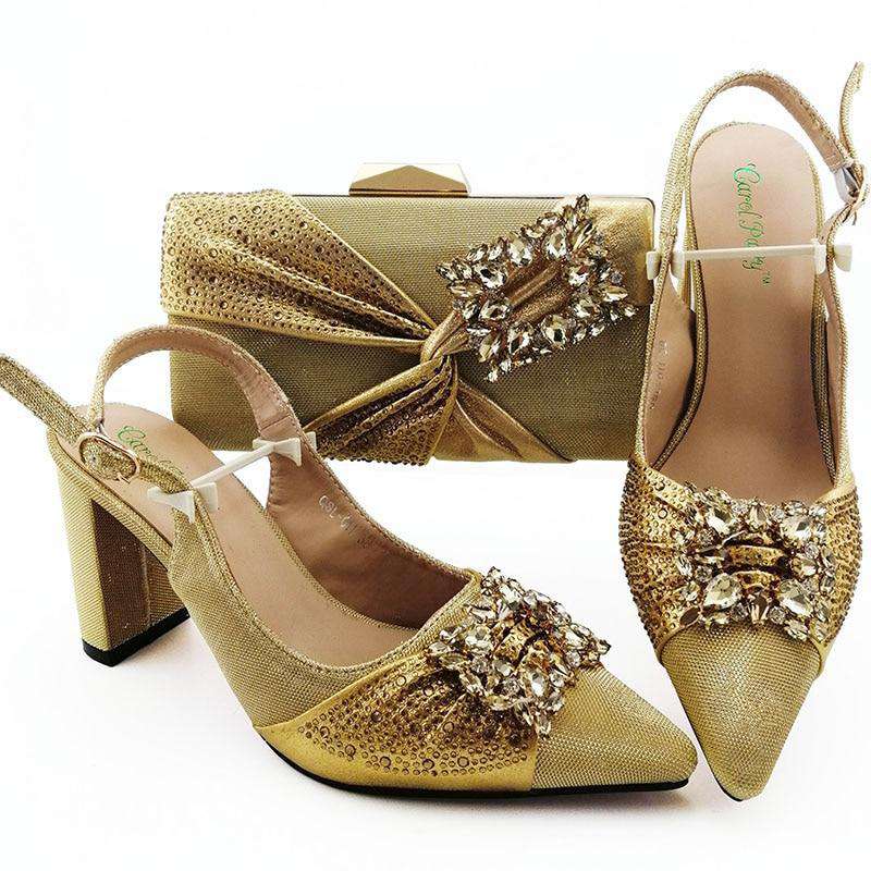 Gold New Design African Women Shoes And Bag Sets With Rhinestones Pumps Italian Shoes With Matching Bags For Evening Party - Gustobene