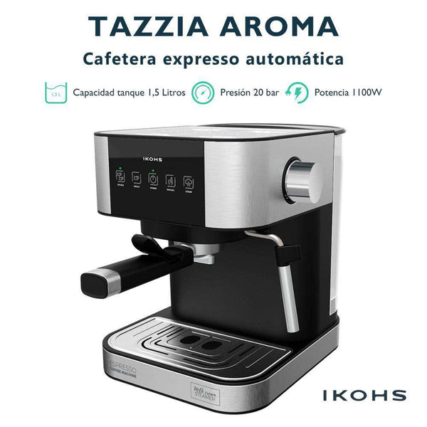 TAZZIA AROMA - Cafetera Expresso Automática Digital, Ikohs, Potencia 1100 W, Presión 20 Bar, Capacidad 1500 ml, Peso 3.5 Kg,
