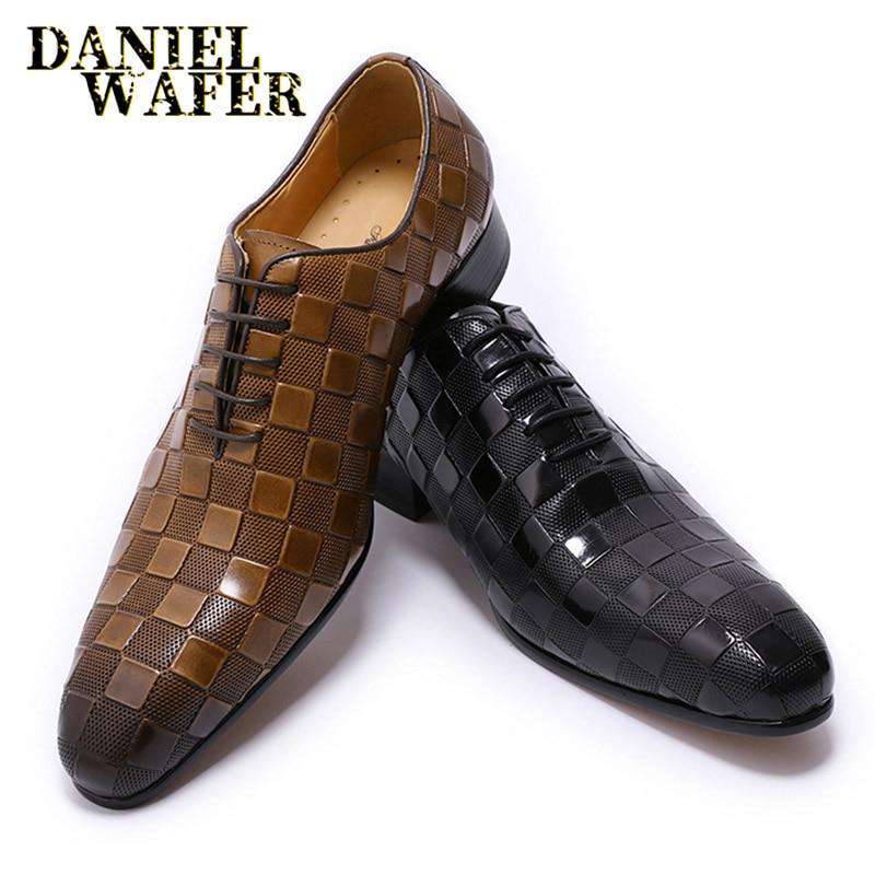 LUXURY ITALIAN LEATHER SHOES MEN NEW FASHION PLAID PRINTS LACE UP BLACK BROWN WEDDING OFFICE SHOES FORMAL OXFORD SHOES FOR MEN