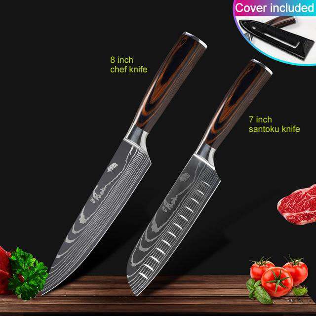 Kitchen knives Set Professional Chef Knives Japanese 7CR17 440C High Carbon Stainless Steel Imitation Damascus Pattern Knife Set