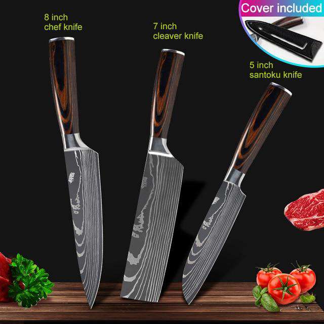 Kitchen knives Set Professional Chef Knives Japanese 7CR17 440C High Carbon Stainless Steel Imitation Damascus Pattern Knife Set