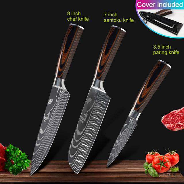 Kitchen knives Set Professional Chef Knives Japanese 7CR17 440C High Carbon Stainless Steel Imitation Damascus Pattern Knife Set