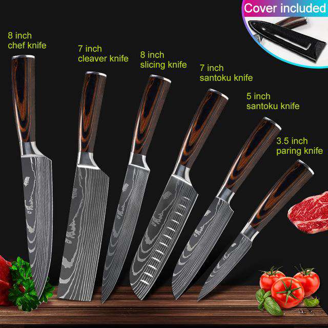 Kitchen knives Set Professional Chef Knives Japanese 7CR17 440C High Carbon Stainless Steel Imitation Damascus Pattern Knife Set