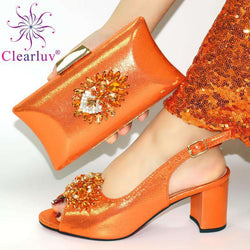 Latest ORANGE Shoe Italian Shoe and Bag Set for Party In Women Wedding Shoes Bride Cristal High Quality African Wedding Shoes