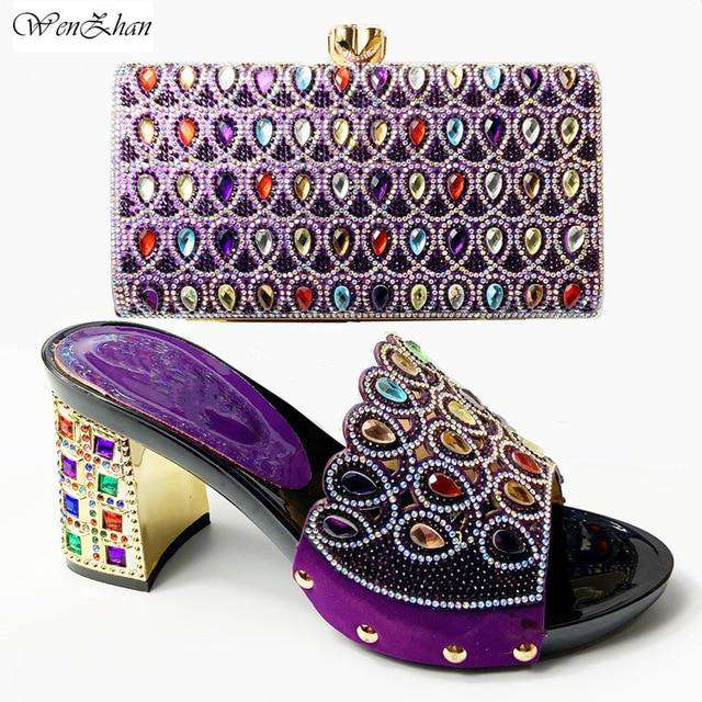 Latest Italian Med Heel Shoes 7cm And Bag For Evening Party With Rhinstones Gold Italian Handbags Match Bags set 37-42 201-7