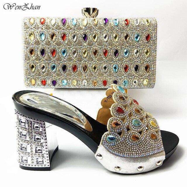 Latest Italian Med Heel Shoes 7cm And Bag For Evening Party With Rhinstones Gold Italian Handbags Match Bags set 37-42 201-7