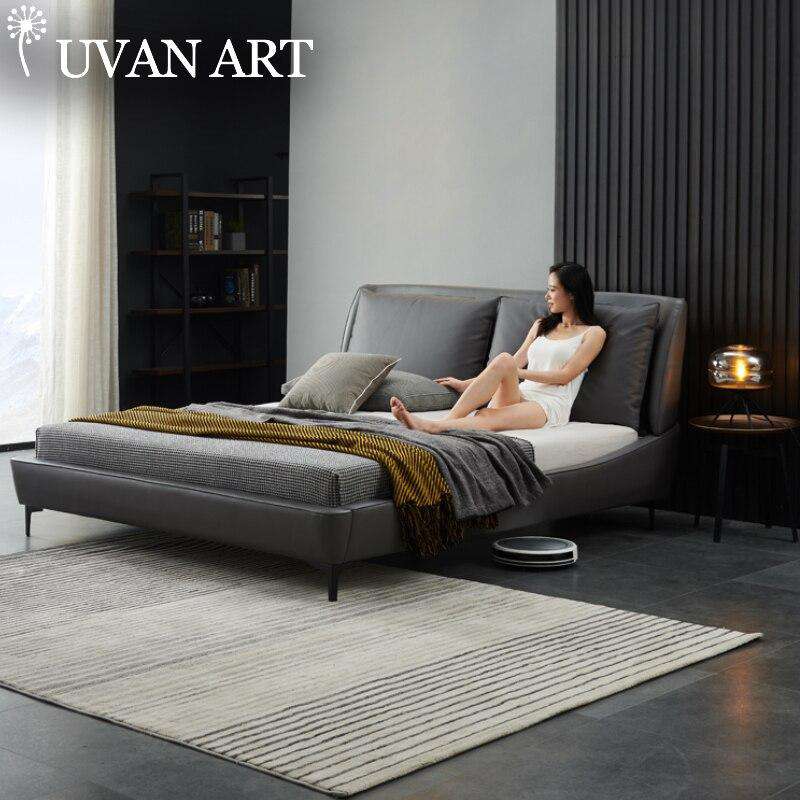 Tall bed Italian minimalist light luxury leather bed double 2 meters 2.2 large bed full leather gray bed modern minimalist - Gustobene