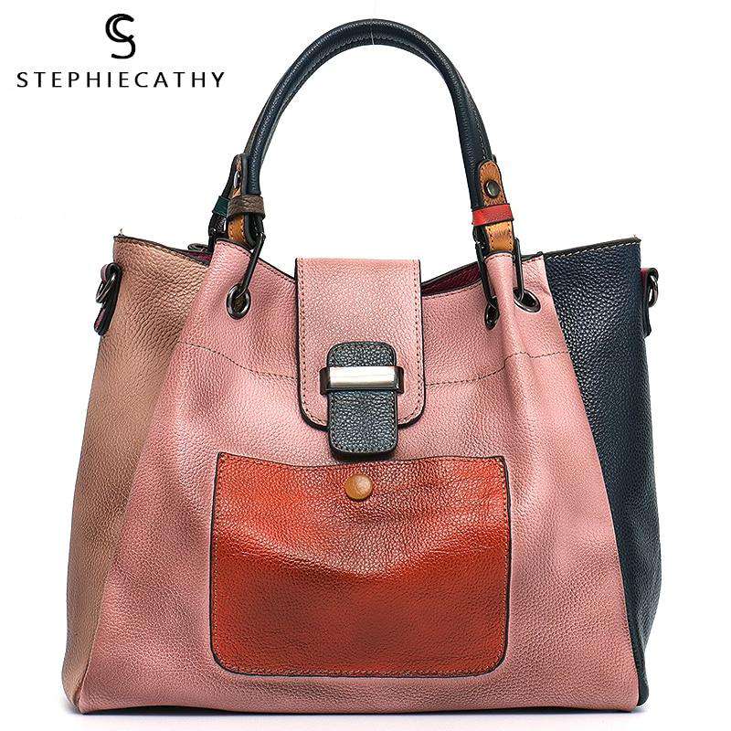 SC Retro Color Leather Patchwork Shoulder Bag Ladies Italian Leather Hobo Women Vintage Tote Female Crossbody&Messenger HandBag - Gustobene