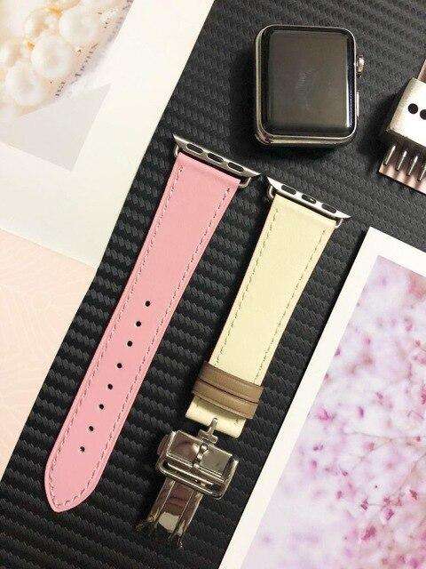Italian Genuine Leather Watchband for iWatch Apple Watch 5 4 3 2 38mm 40mm 42mm 44mm Steel Butterfly Clasp Band Wrist Strap Belt - Gustobene