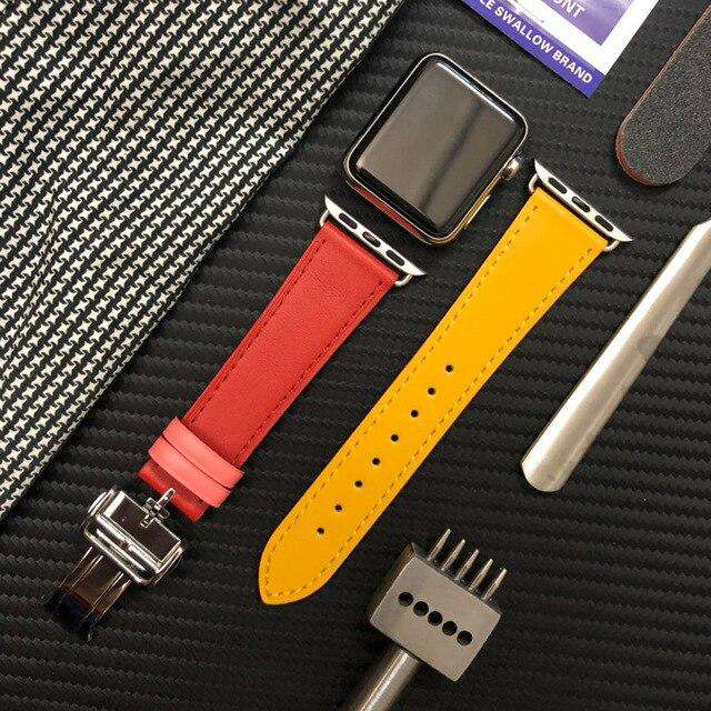 Italian Genuine Leather Watchband for iWatch Apple Watch 5 4 3 2 38mm 40mm 42mm 44mm Steel Butterfly Clasp Band Wrist Strap Belt - Gustobene