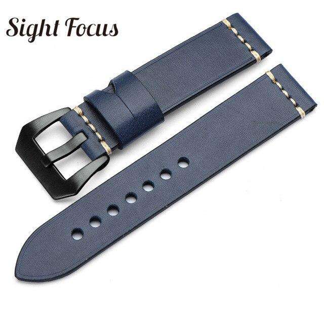 20mm 22mm 24mm 26mm Italian Calfskin Watchbands for Panerai Navy Blue Leather Strap Men's Watch Belts Sewn-in Tang Buckle Bands - Gustobene