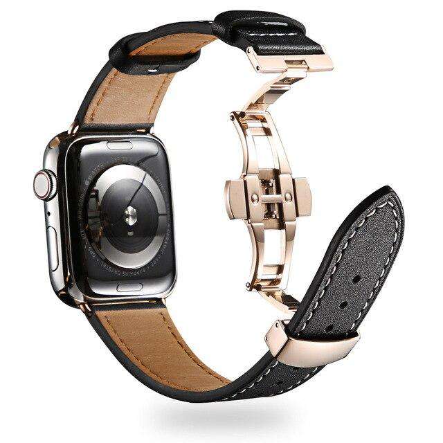 Italian Genuine Leather Watchband for iWatch Apple Watch 5 4 3 2 38mm 40mm 42mm 44mm Steel Butterfly Clasp Band Wrist Strap Belt - Gustobene