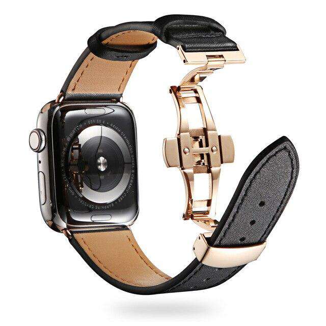 Italian Genuine Leather Watchband for iWatch Apple Watch 5 4 3 2 38mm 40mm 42mm 44mm Steel Butterfly Clasp Band Wrist Strap Belt - Gustobene