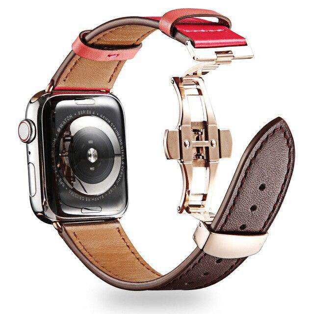 Italian Genuine Leather Watchband for iWatch Apple Watch 5 4 3 2 38mm 40mm 42mm 44mm Steel Butterfly Clasp Band Wrist Strap Belt - Gustobene