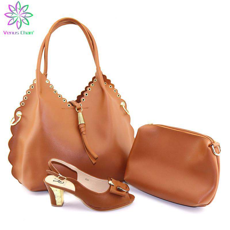 Italian Shoes With Matching Bags Set Hot African Women's Party Shoes and Bag Sets brown Color Women Sandals