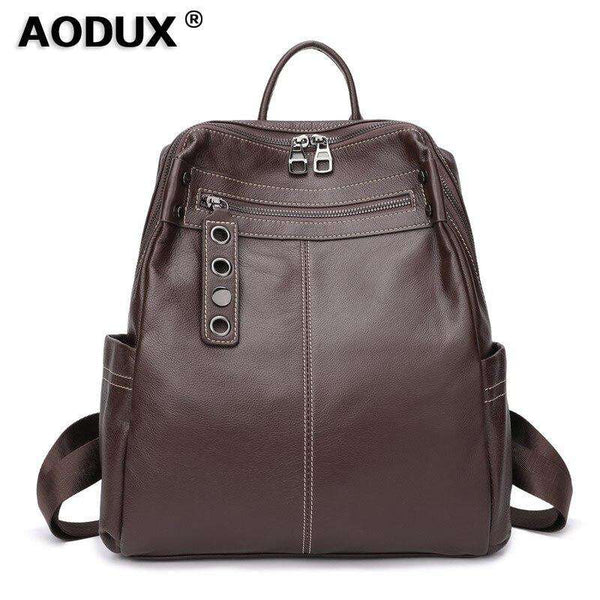 Aodux Soft Calfskin Italian 100% Genuine Leather Yak Skin Shoulder Women Backpack Female Lady Coffee Black Cowhide Bag Backpacks - Gustobene