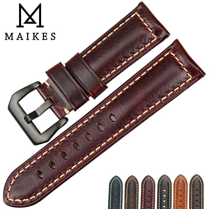 MAIKES Vintage red Italian cow leather watch strap 20mm 22mm 24mm 26mm watch accessories bracelet watchbands for Panerai band