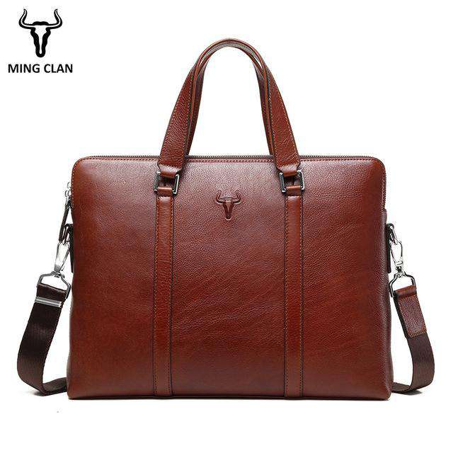 15" Leather Laptop Bag Made of Italian Leather Bags Double Zipper Briefcase Handle Shoulder Strap Durable Office Bags for Men - Gustobene