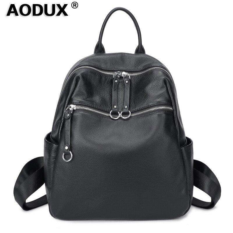 Aodux 100% Soft Natural Calfskin Italian Genuine Leather Shoulder Women Backpack Female Lady Coffee Black Cowhide Bag Backpacks - Gustobene