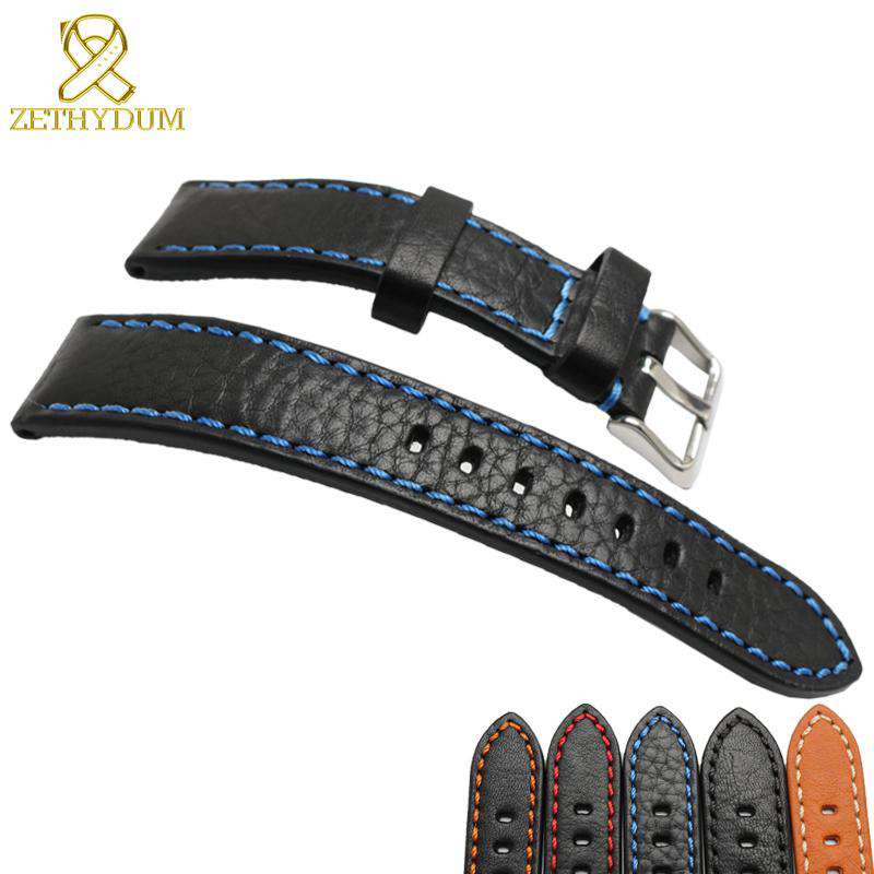 Genuine leather bracelet 20mm 22mm 24mm Italian cowhide watchband mens wristwatches band accessories Red stitching watch - Gustobene